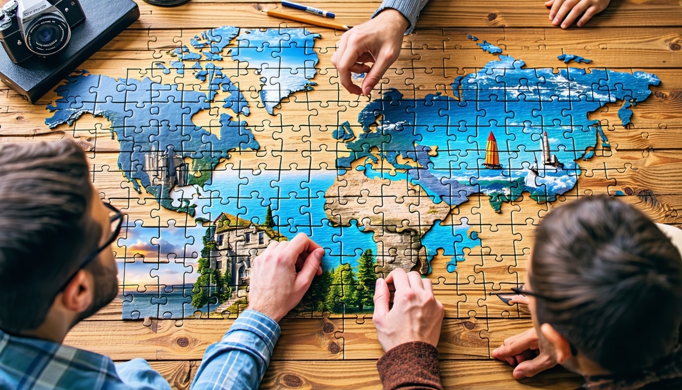 People solving a puzzle about travel and technology-1 People solving a puzzle about travel and technology-1